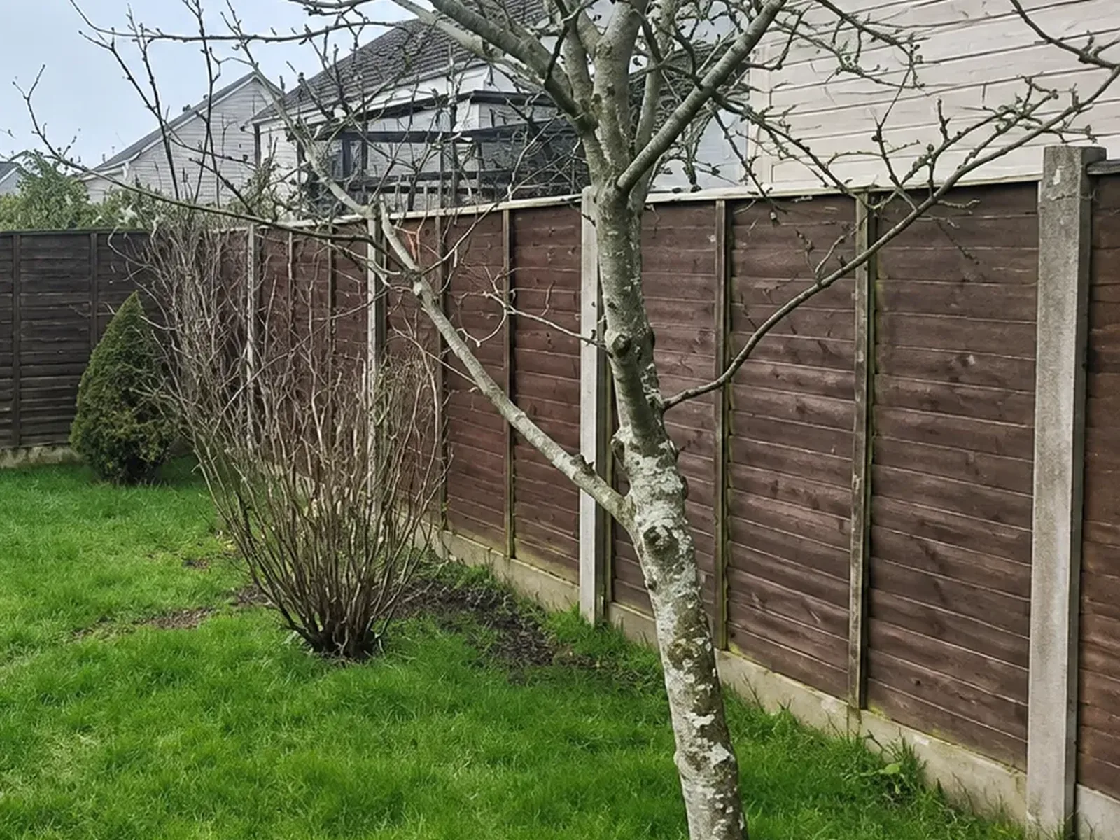 The same garden before, with rotting timber panels between concrete posts